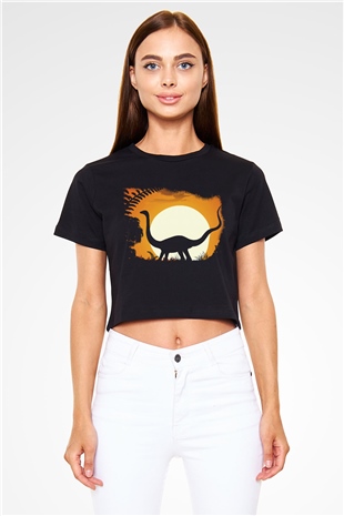 Dinozor Siyah Crop Top Tişört