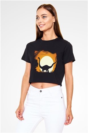 Dinozor Siyah Crop Top Tişört