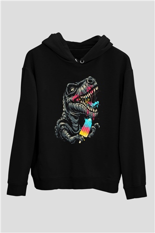 Dinozor Siyah Unisex Kapüşonlu Sweatshirt