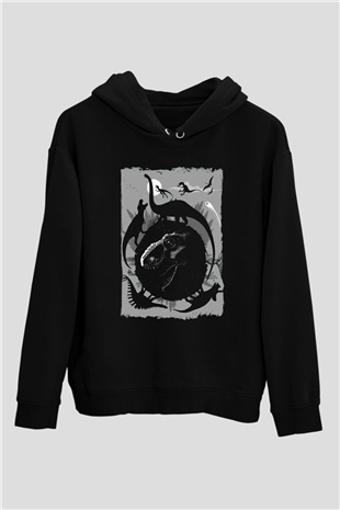 Dinozor Siyah Unisex Kapüşonlu Sweatshirt