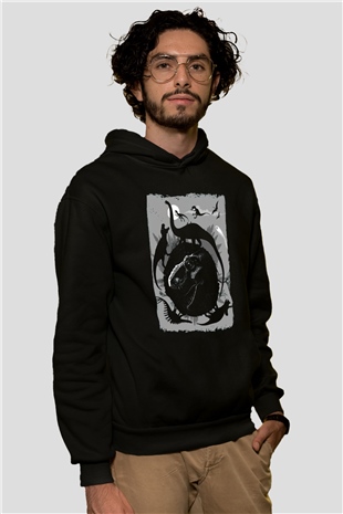 Dinozor Siyah Unisex Kapüşonlu Sweatshirt