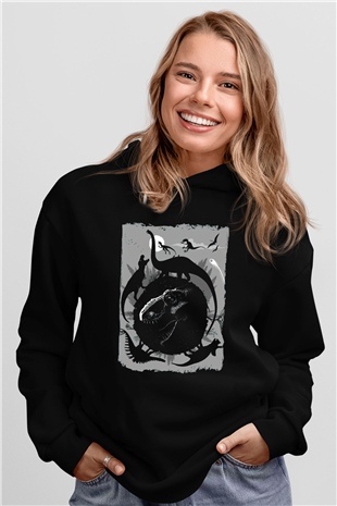 Dinozor Siyah Unisex Kapüşonlu Sweatshirt