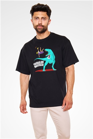 Dinozor Siyah Unisex Oversize Tişört T-Shirt