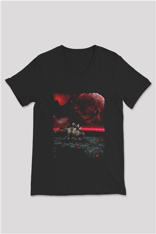 Dinozor Siyah Unisex V Yaka Tişört