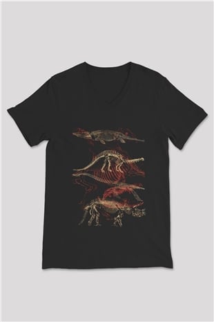 Dinozor Siyah Unisex V Yaka Tişört
