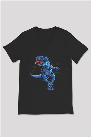 Dinozor Siyah Unisex V Yaka Tişört