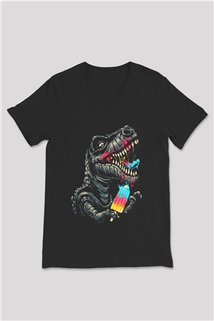 Dinozor Siyah Unisex V Yaka Tişört
