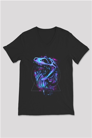 Dinozor Siyah Unisex V Yaka Tişört