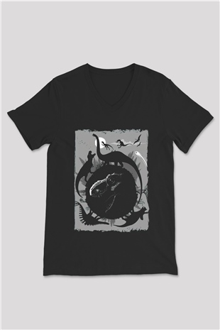 Dinozor Siyah Unisex V Yaka Tişört