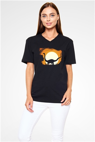 Dinozor Siyah Unisex V Yaka Tişört T-Shirt