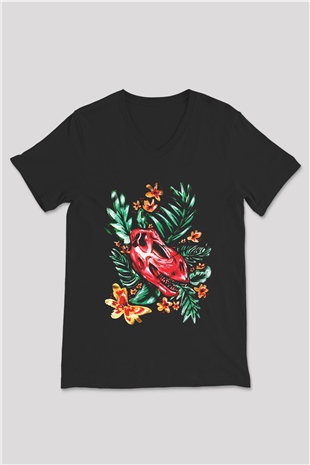 Dinozor Siyah Unisex V Yaka Tişört T-Shirt