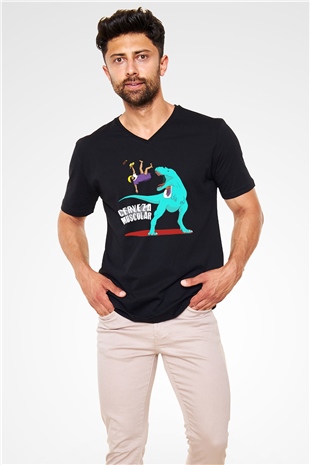 Dinozor Siyah Unisex V Yaka Tişört T-Shirt