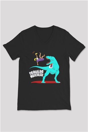 Dinozor Siyah Unisex V Yaka Tişört T-Shirt