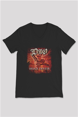 Dio Baskılı Unisex Siyah V Yaka Tişört