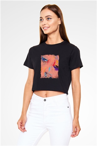Diplo Baskılı Crop Top Siyah Kadın Tişört