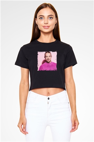 Diplo Baskılı Crop Top Siyah Kadın Tişört