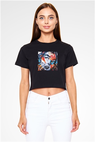 Diplo Baskılı Crop Top Siyah Kadın Tişört