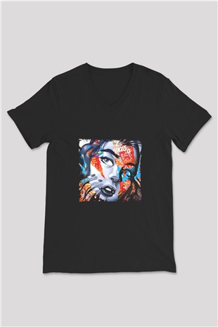 Diplo Baskılı Unisex Siyah V Yaka Tişört