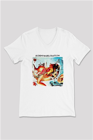 Dire Straits Baskılı Unisex Beyaz V Yaka Tişört