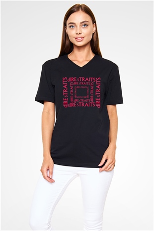 Dire Straits Siyah Unisex V Yaka Tişört T-Shirt