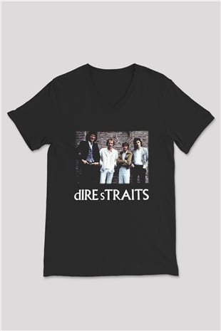 Dire Straits Siyah Unisex V Yaka Tişört T-Shirt