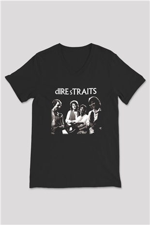 Dire Straits Siyah Unisex V Yaka Tişört T-Shirt
