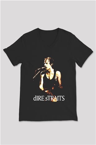 Dire Straits Siyah Unisex V Yaka Tişört T-Shirt