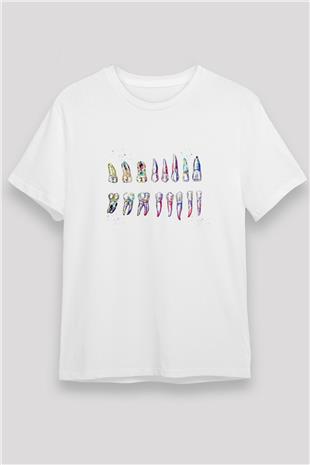 Diş Diyagramı Baskılı Unisex Beyaz Tişört - Tshirt