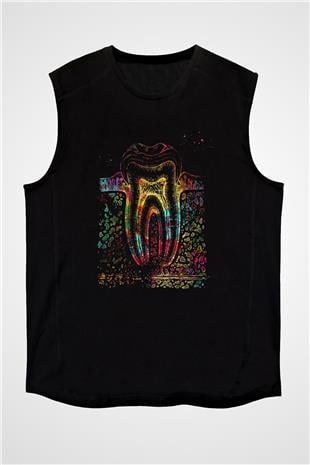 Diş Diyagramı Baskılı Unisex Kolsuz Siyah Tişört - Tshirt