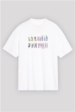 Diş Diyagramı Baskılı Unisex Oversize Beyaz Tişört - Tshirt