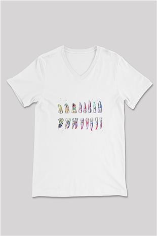 Diş Diyagramı Baskılı Unisex V Yaka Beyaz Tişört - Tshirt