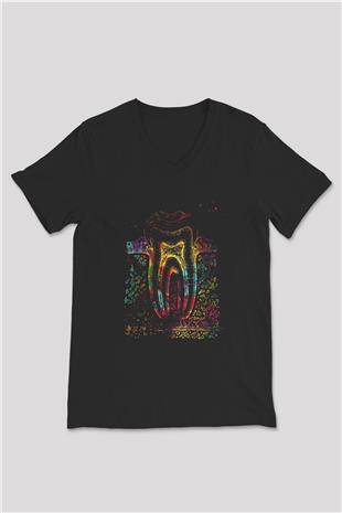Diş Diyagramı Baskılı Unisex V Yaka Siyah Tİşört - Tshirt