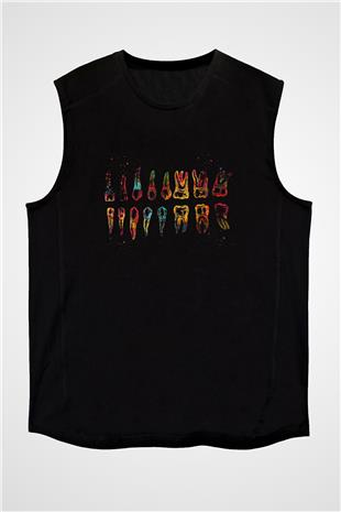Diş Diyagramı Renkli Baskılı Unisex Kolsuz Siyah Tişört - Tshirt