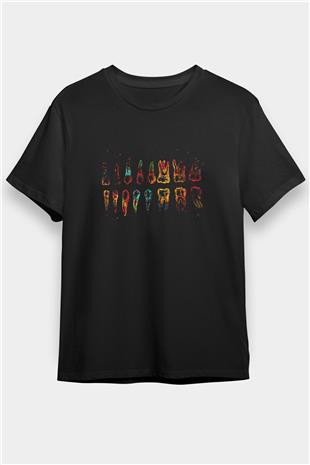 Diş Diyagramı Renkli Baskılı Unisex Siyah Tişört - Tshirt