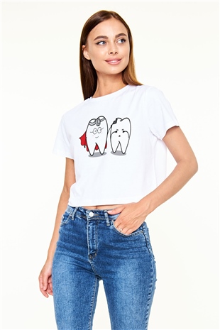 Diş hekimi Beyaz Croptop Tişört