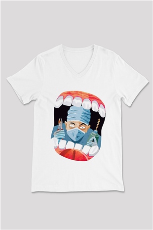 Diş hekimi Beyaz Unisex V Yaka Tişört T-Shirt