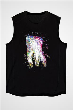 Diş İllustrasyon Baskılı Unisex Kolsuz Siyah Tişört - Tshirt