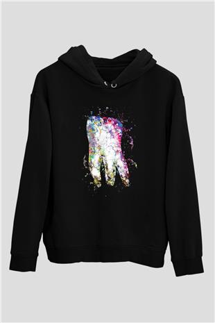 Diş İllustrasyon Baskılı Unisex Siyah Hoodie