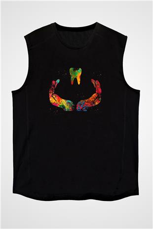 Diş Renkli Baskılı Unisex Kolsuz Siyah Tişört - Tshirt