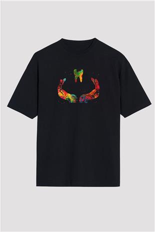 Diş Renkli Baskılı Unisex Oversize Tişört - Tshirt