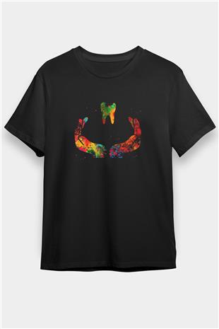 Diş Renkli Baskılı Unisex Siyah Tişört - Tshirt