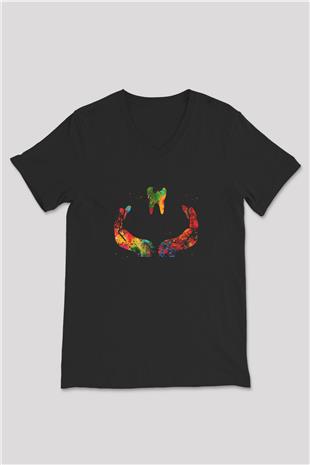 Diş Renkli Baskılı Unisex V Yaka Siyah Tİşört - Tshirt