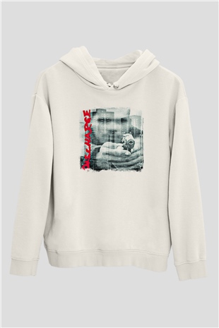 Discharge Baskılı Unisex Beyaz Hoodie