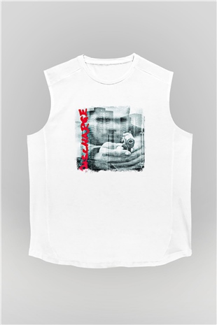 Discharge Baskılı Unisex Beyaz Kolsuz Tişört