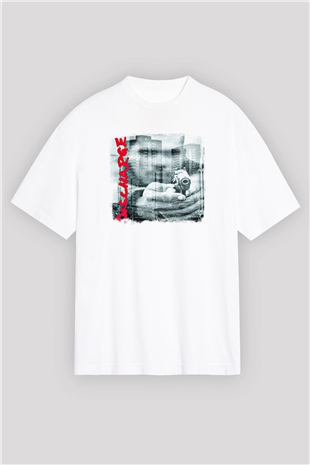 Discharge Baskılı Unisex Beyaz Oversize Tişört