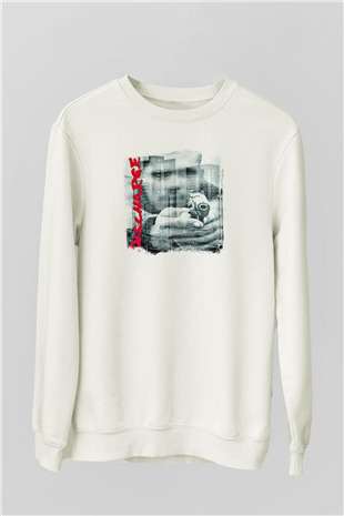 Discharge Baskılı Unisex Beyaz Sweatshirt