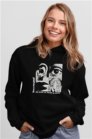 Discharge Baskılı Unisex Siyah Hoodie