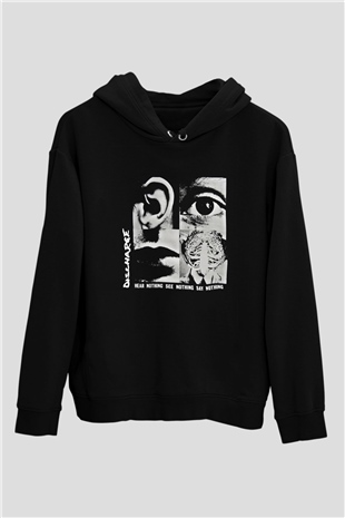 Discharge Baskılı Unisex Siyah Hoodie