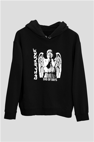 Discharge Baskılı Unisex Siyah Hoodie