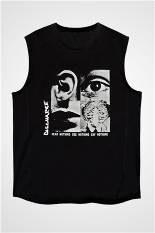 Discharge Baskılı Unisex Siyah Kolsuz Tişört